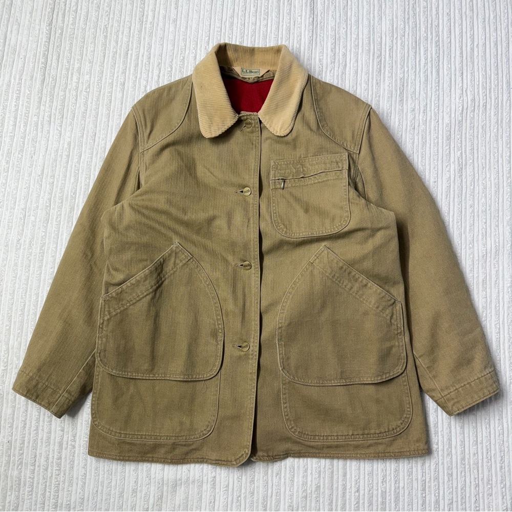 L.L. Bean Khaki Field Jacket with Corduroy Collar and Red Lining